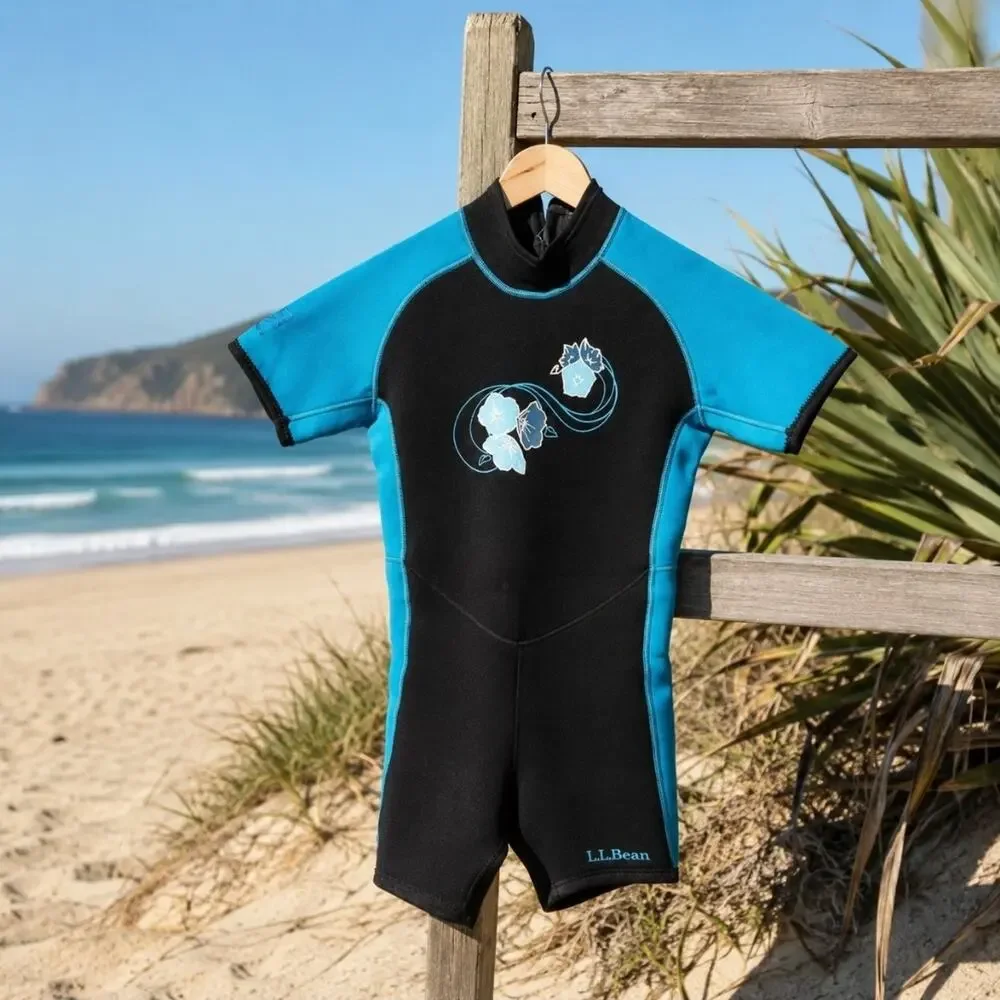 L.L.Bean Camaro Kids Sz L Shorty Wetsuit Neoprene Blue Black Springsuit Swimsuit